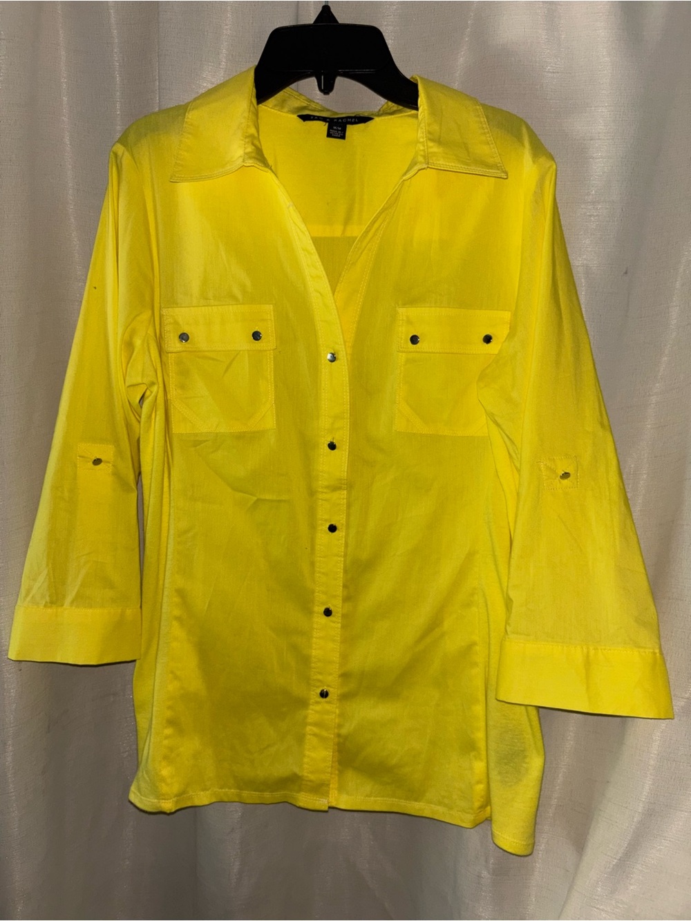 Zac & Rachel Sz M Yellow Womens Button Up Top Blouse 3/4 Roll Tab Sleeve Pockets